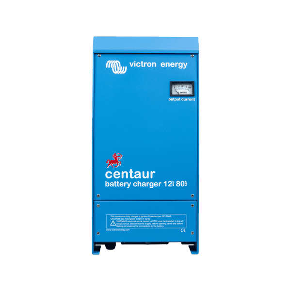 Front view of the blue Victron Centaur 12V 80A charger featuring an analogue output current ammeter