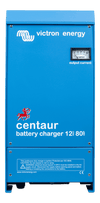 Front view of the blue Victron Centaur 12V 80A charger featuring an analogue output current ammeter