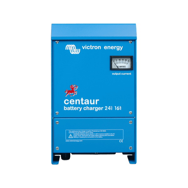 Front view of blue Victron Centaur 24V 16A battery charger with analogue ammeter