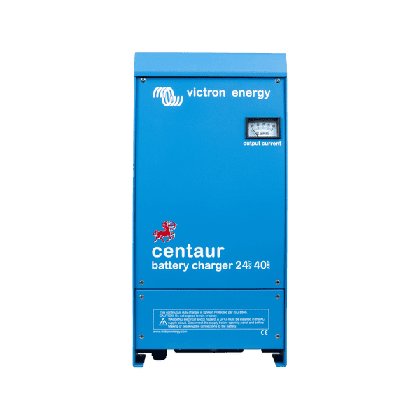 Front view of blue Victron Centaur 24V 40A multi-bank battery charger