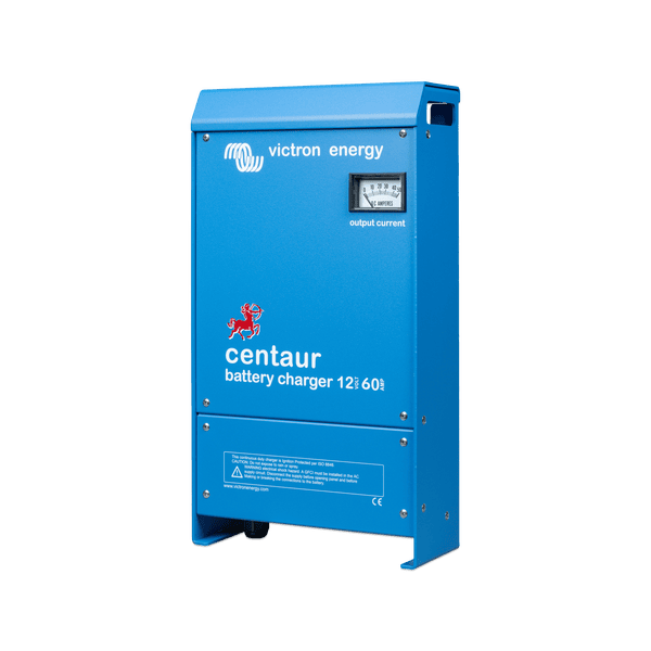 Perspective view of Victron Centaur battery charger in blue aluminium case