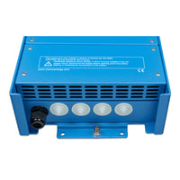 Bottom view of battery charger featuring cable entries, cooling vents and mounting bracket