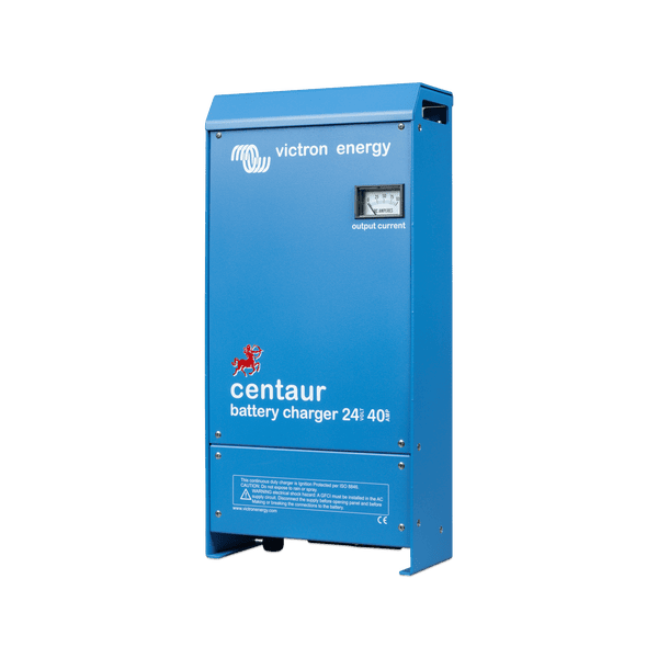 Angled view of the Victron Centaur battery charger in blue aluminium casing