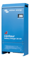 Angled view of the Victron Centaur battery charger in blue aluminium casing