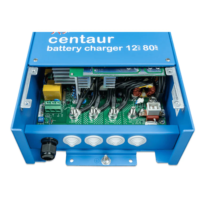Internal view of the Centaur charger showcasing the wiring terminals and component layout