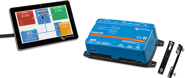 Victron Cerbo GX and GX Touch display shown with large DIN35 adapters for mounting onto an equipment rail