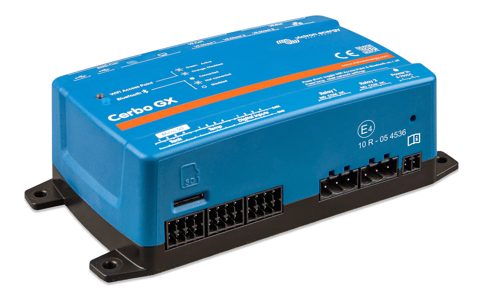 Angled view of the Cerbo GX MK2 system monitoring device showing side ventilation and ports