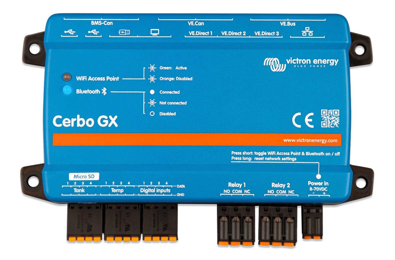Top-down view of Cerbo GX MK2 labels for BMS-Can, VE.Can, VE.Direct, and IO ports