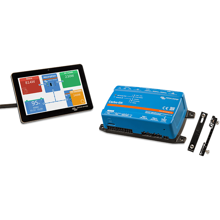 Victron Cerbo GX and Touch 50 screen shown with two small DIN35 adapters for system mounting