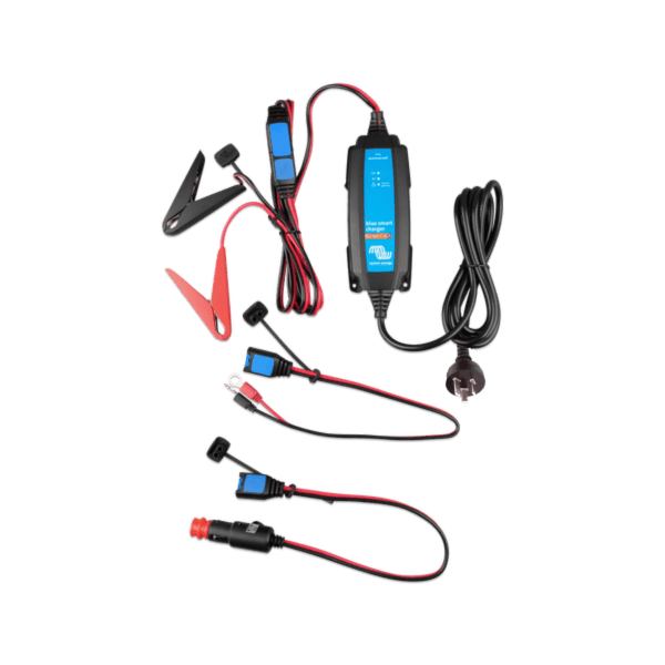Victron 1.1A battery charger with included battery clamps eyelet terminals and 12V cigarette plug