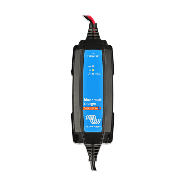 Close-up of Victron Blue Smart charger faceplate showing 6V 12V mode indicators