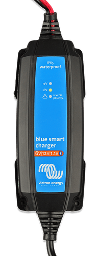 Close-up of Victron Blue Smart charger faceplate showing 6V 12V mode indicators