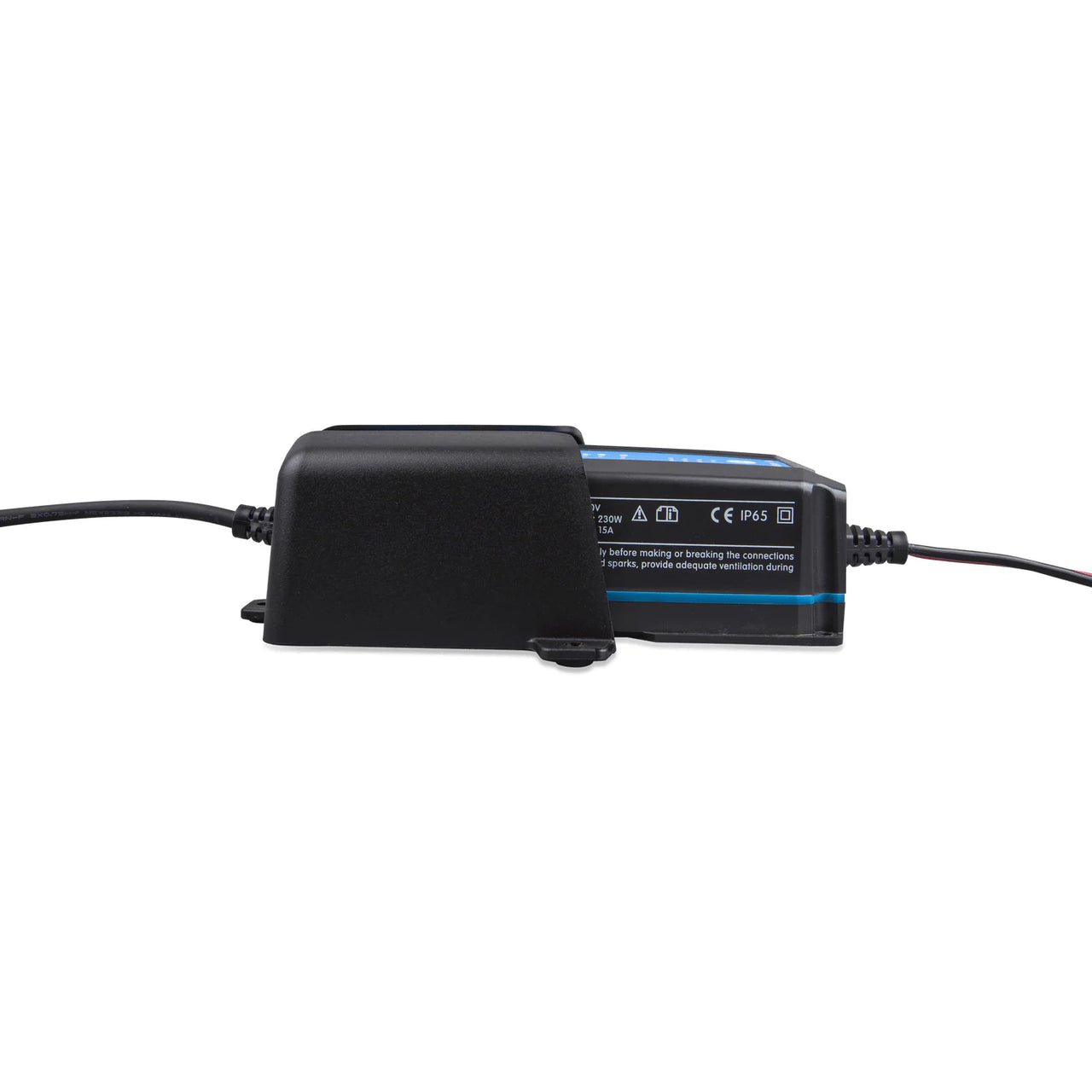 Side profile of a Victron IP65 charger inserted into a black wall mount holster