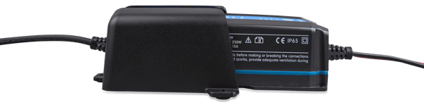 Side profile of a Victron IP65 charger inserted into a black wall mount holster