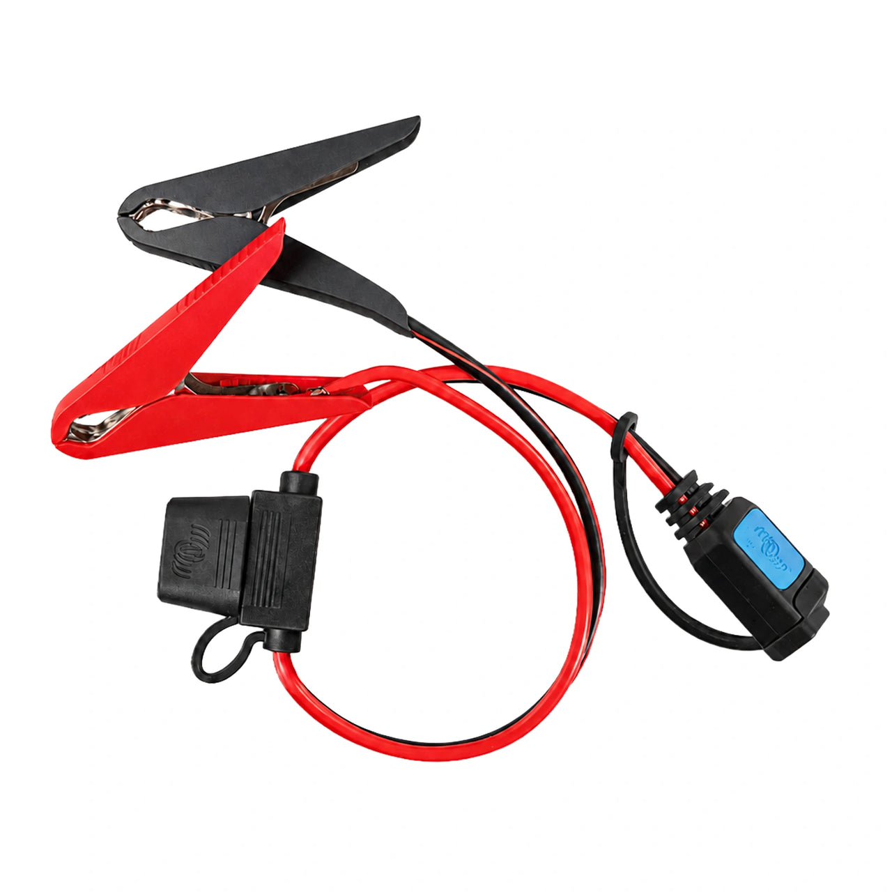 Red and black battery clamps with inline 30A fuse holder and quick-connect plug