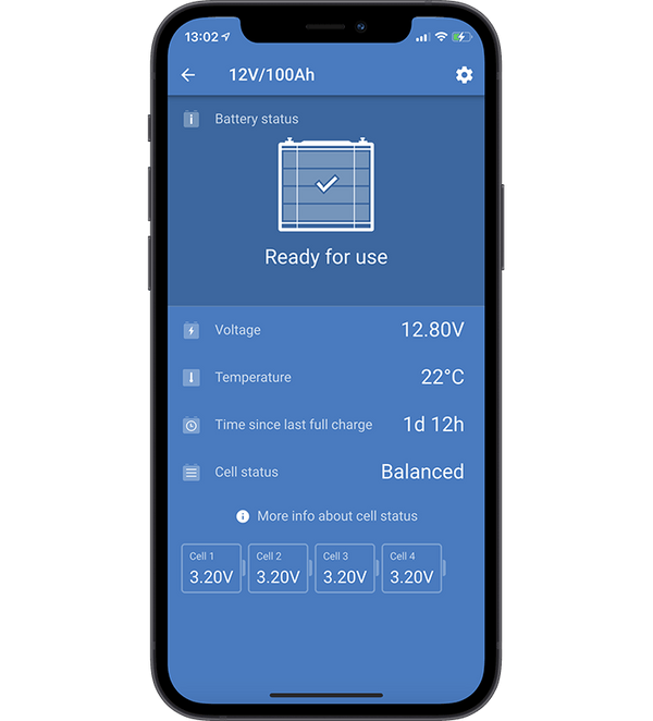 Smartphone screen showing VictronConnect app monitoring battery voltage and cell status