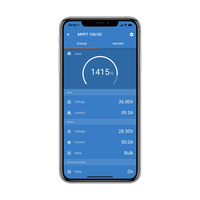 Smartphone displaying the VictronConnect app with real-time solar and battery status