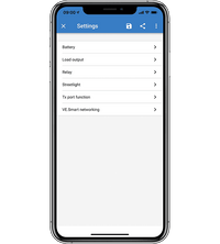 Settings menu in the VictronConnect app for adjusting battery and load parameters