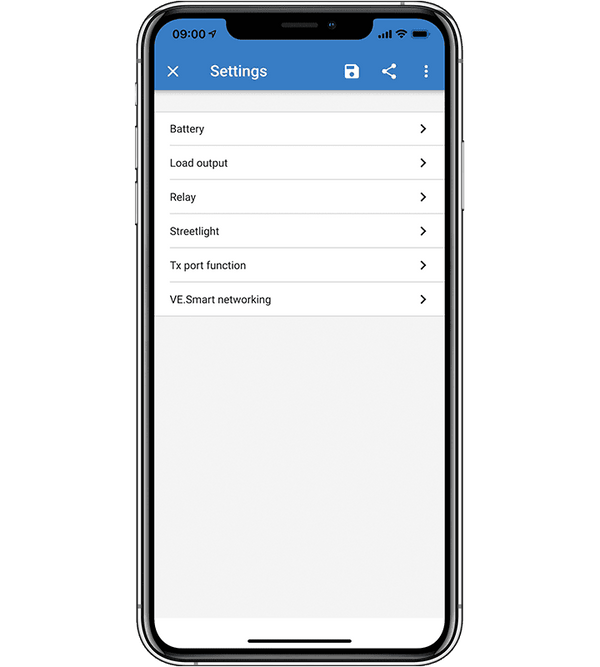Settings menu in the VictronConnect app for adjusting battery and load parameters