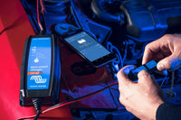 VictronConnect app interface on smartphone displaying battery status