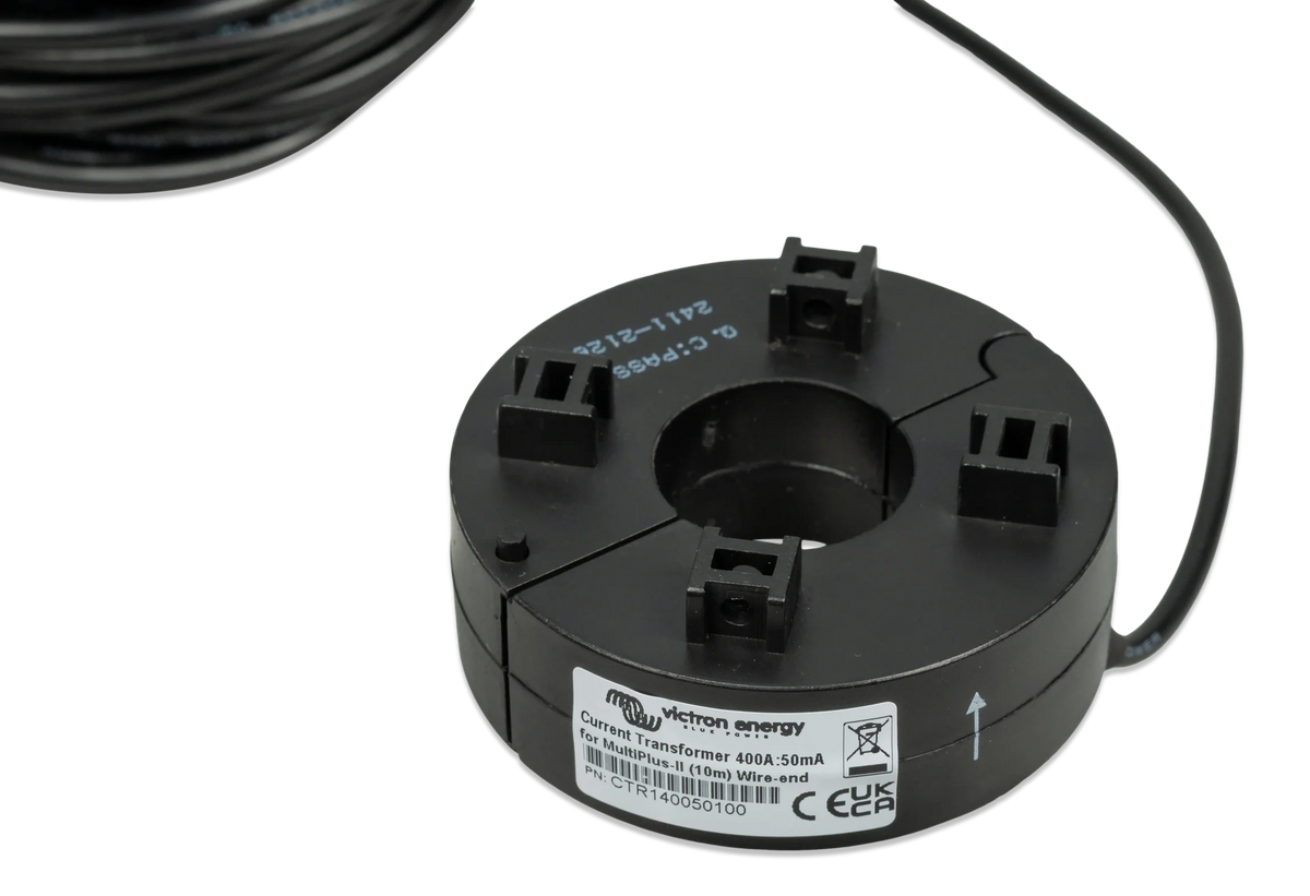 Underside view of current transformer showing mounting clips and Victron Energy identification label