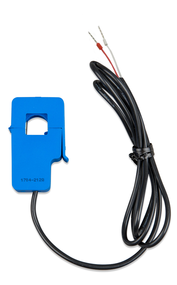Blue split-core current transformer with 5m black cable and ferrule-crimped bare wire ends