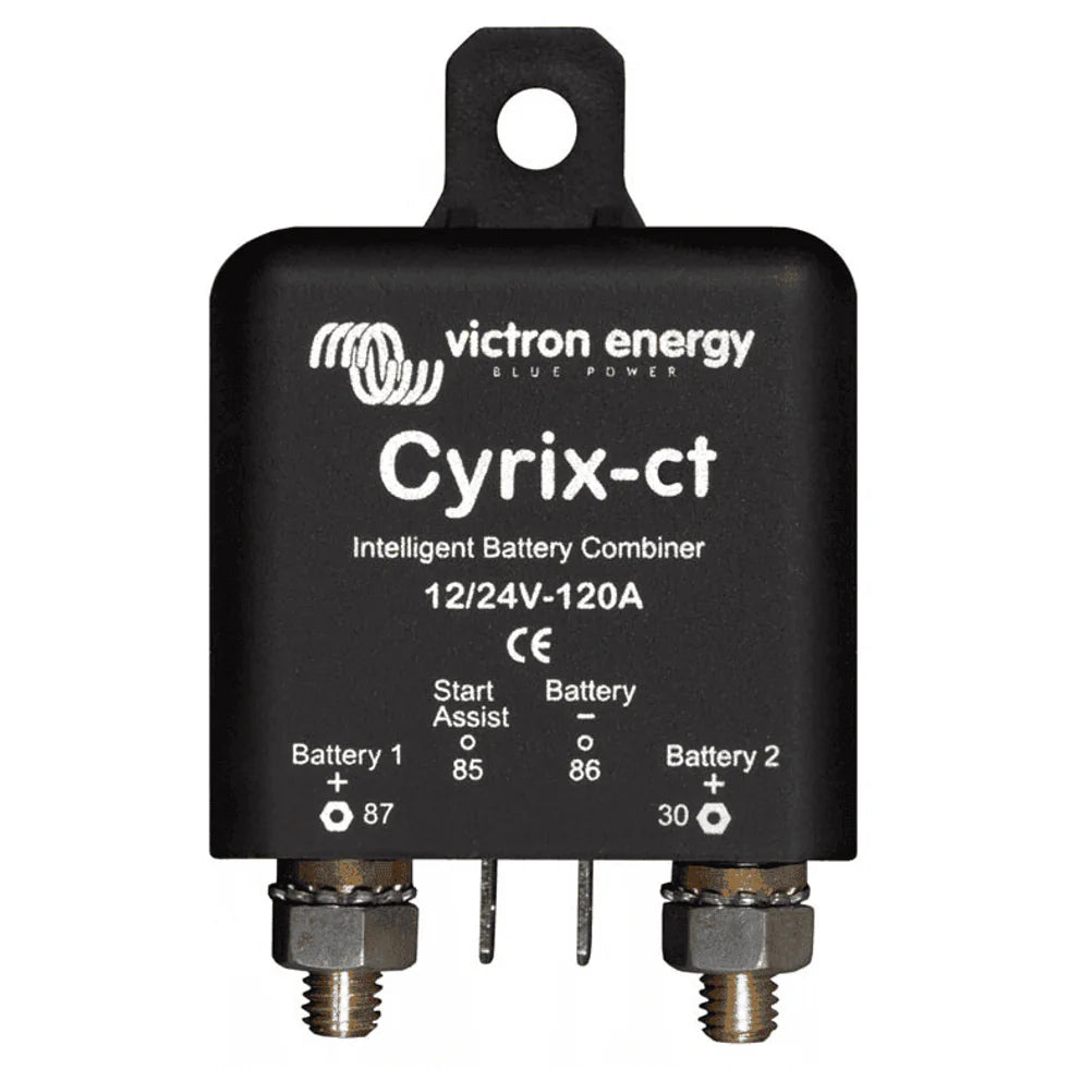 Front view of Victron Cyrix-ct 120A battery combiner showing M8 studs and control pins