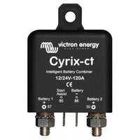 Front view of Victron Cyrix-ct 120A battery combiner showing M8 studs and control pins