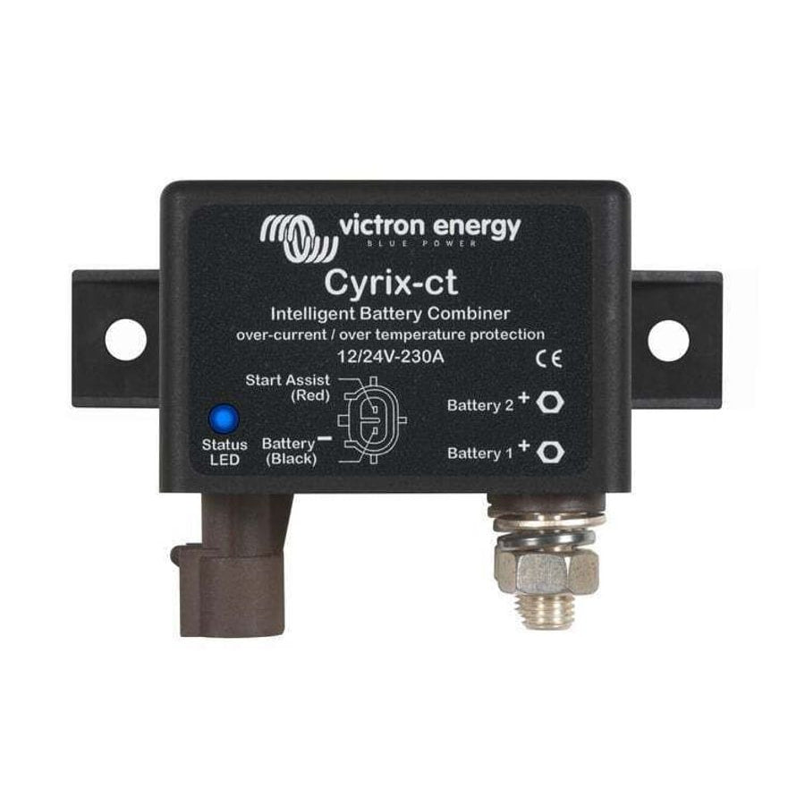 Victron Cyrix-ct 230A intelligent battery combiner front panel view with status LED and mounting holes