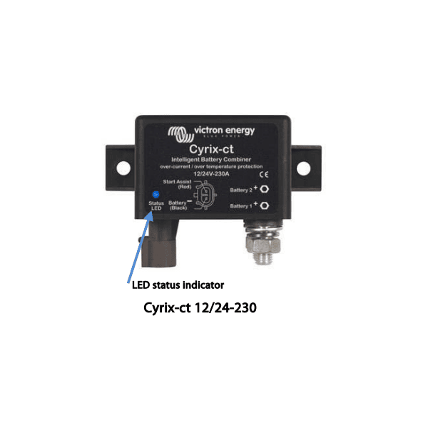 Victron Cyrix-ct 230A front panel with blue LED status indicator highlighted