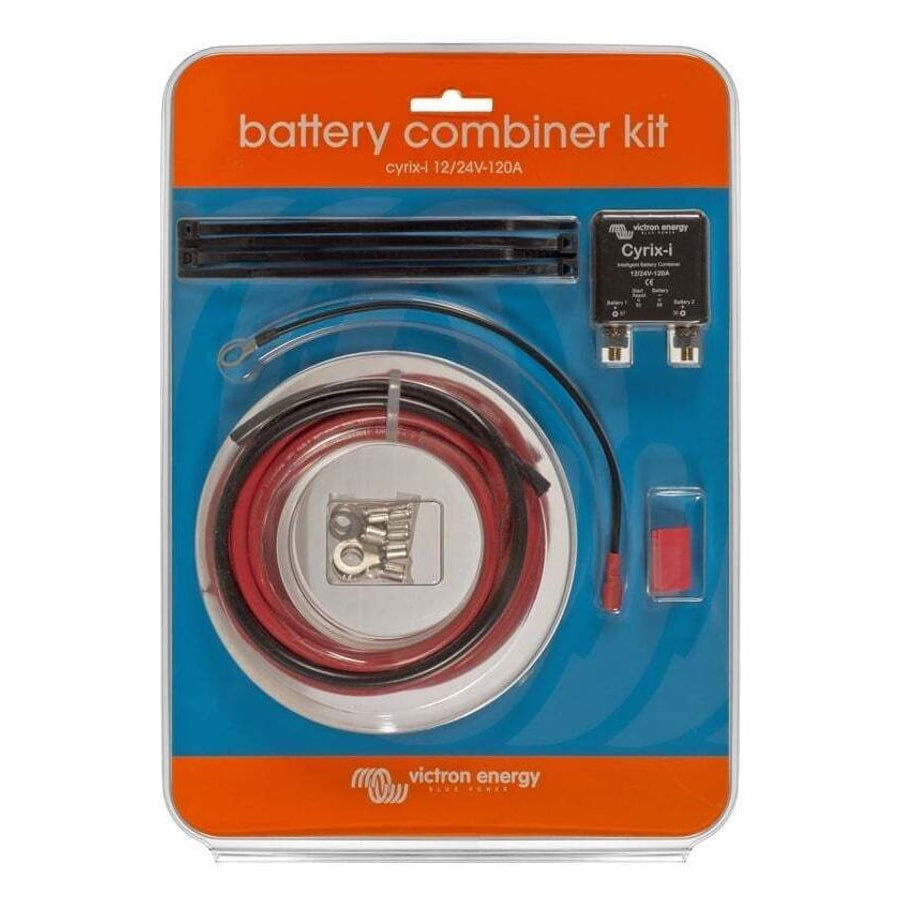 Victron battery combiner kit in retail packaging with relay, cables, cable ties, and terminals