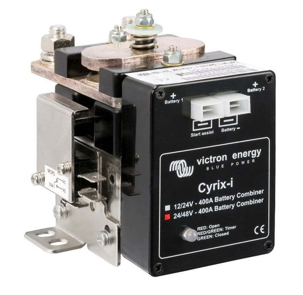 Heavy-duty 400A battery combiner with high-current copper terminals and status indicator