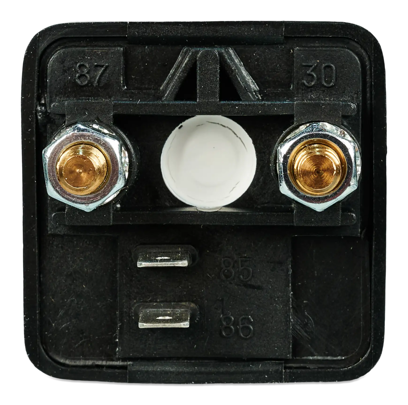 Bottom view of battery combiner showing power studs and spade terminals for control signals