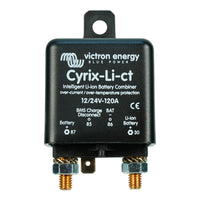 Technical front view of Victron 120A battery combiner with terminal wiring diagram and labels