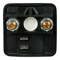Technical bottom view of charge relay showing two M8 power studs and spade control terminals