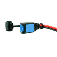 Side view of the Victron DC connector plug with blue housing and protective cap