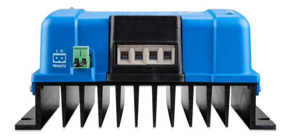 Close-up of the front face showing screw terminals and remote on/off port