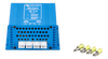 Blue DC-DC converter with four 6.3mm terminal tabs and included crimp connectors