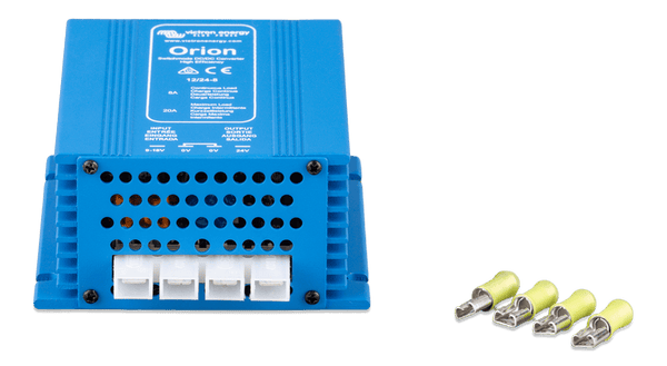 Blue DC-DC converter with four 6.3mm terminal tabs and included crimp connectors