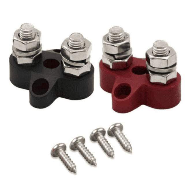 Red and black dual terminal M8 stud blocks with stainless steel nuts and mounting screws