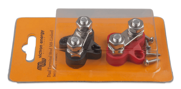 Retail packaging for Victron dual terminal stud M8-linked set including one red and one black block