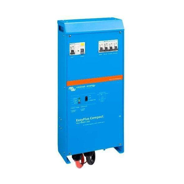 Angled view of Victron EasyPlus 12V inverter charger with integrated AC circuit breakers