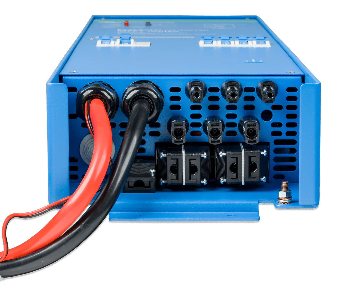 Bottom panel of Victron EasySolar showing cable glands, PV connectors and terminal entry points