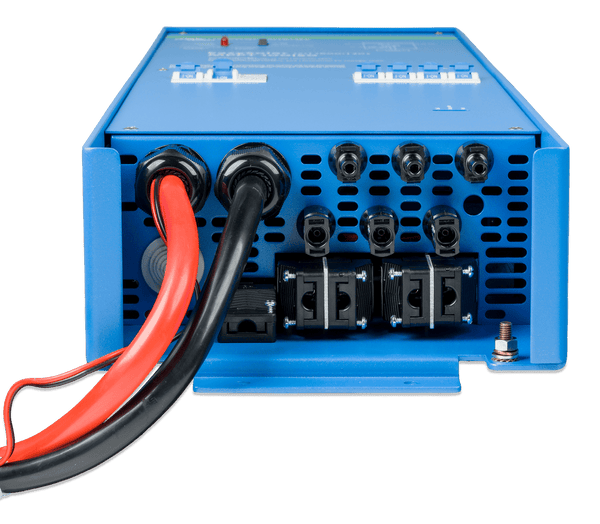 Bottom panel of Victron EasySolar showing cable glands, PV connectors and terminal entry points