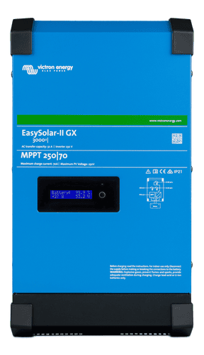 Front view of Victron EasySolar-II 24/3000/70-32 showing the LCD screen and product labelling