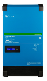 Front view of blue Victron EasySolar-II GX 48/5000 inverter with digital status display