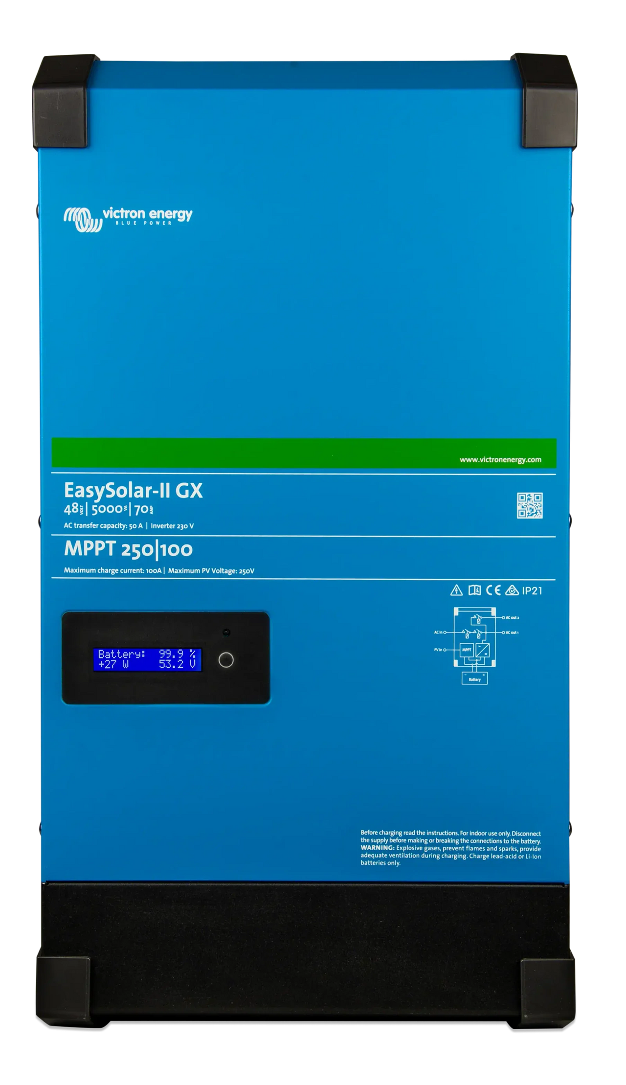 Front view of blue Victron EasySolar-II GX 48/5000 inverter with digital status display