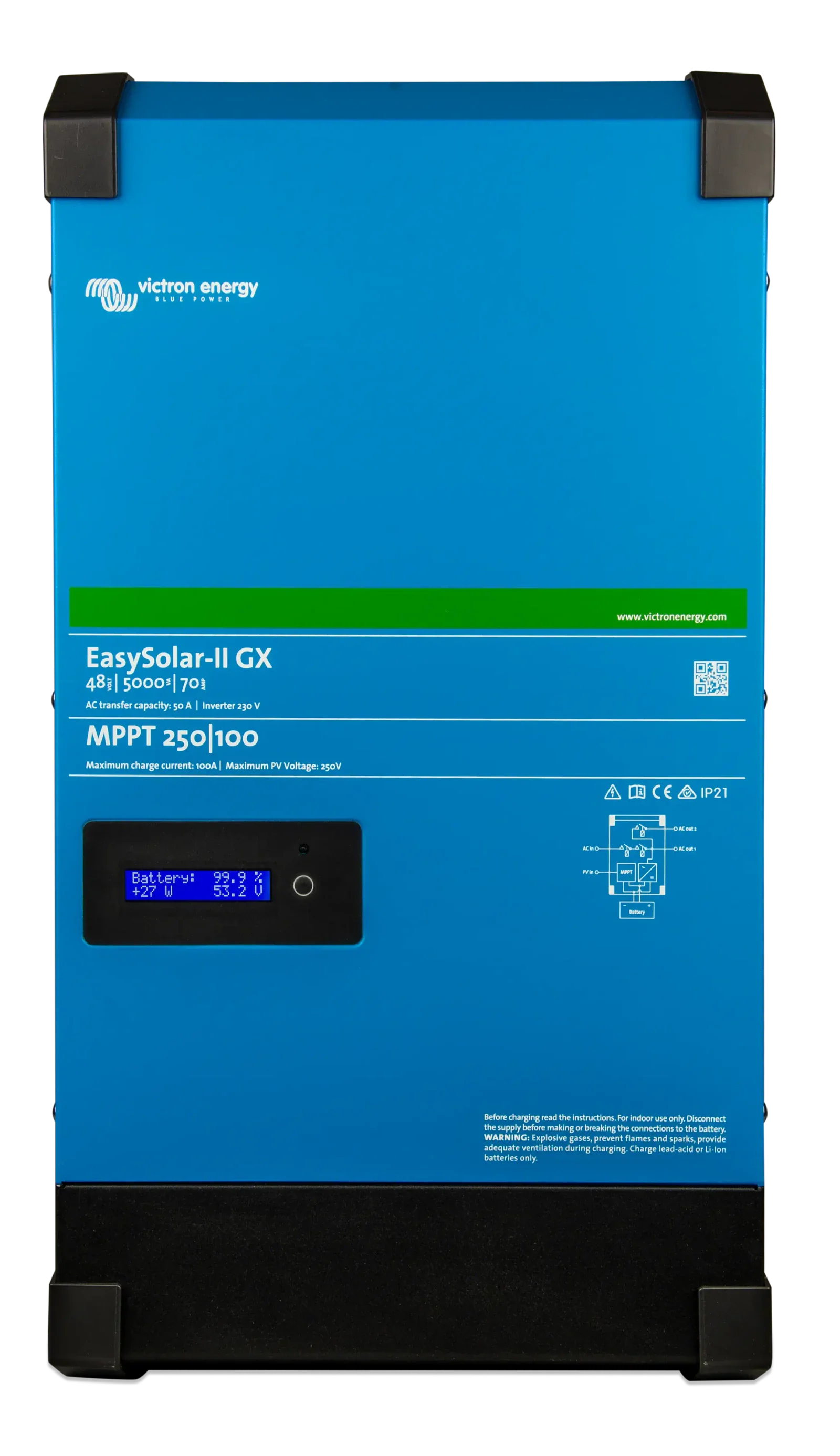 Front view of blue Victron EasySolar-II GX 48/5000 inverter with digital status display