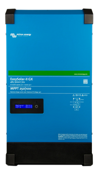 Front view of blue Victron EasySolar-II GX 48/5000 inverter with digital status display