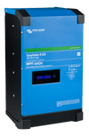 Angled front view of blue Victron EasySolar-II GX 48V 3000VA inverter charger showing digital display